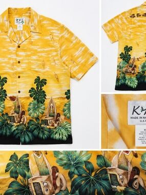 KY'S Mens Vintage Hawaiian Shirt - Yellow Tropical Print 1990s Y2K XL